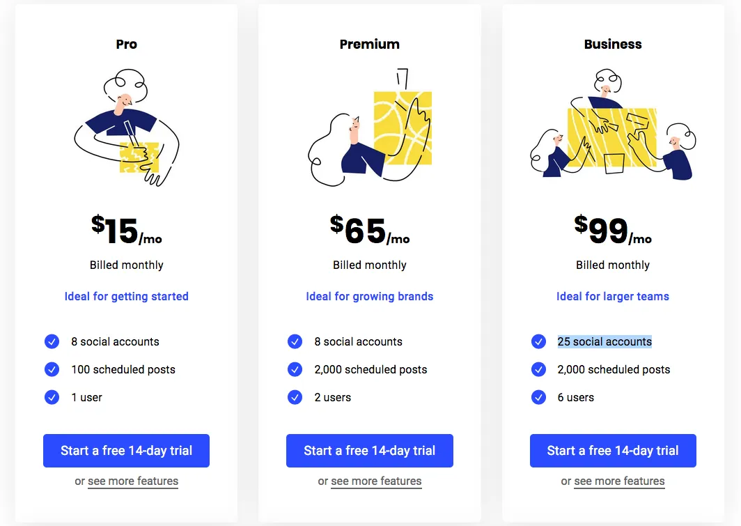 Three pricing tiers - Pro at $15, Premium at $65 and Business at $99. Premium gives the same 8 social accounts as Pro, while Business gives 25