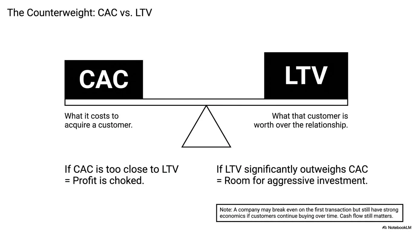 A balance scale with CAC on one side and LTV on the other. If CAC sits too close to LTV profit is choked; if LTV clearly outweighs CAC there is room to invest